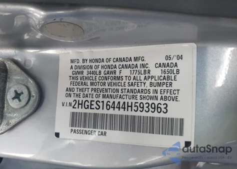 2004 Honda Civic Vp from USA, damaged, VIN 2HGES16444H593963